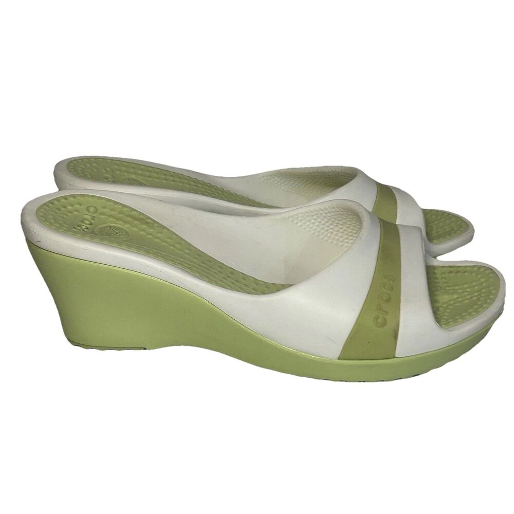 Crocs Sassari Women's 8 Green Rubber Slip-On Open Toe Wedge Heel Slide Sandal